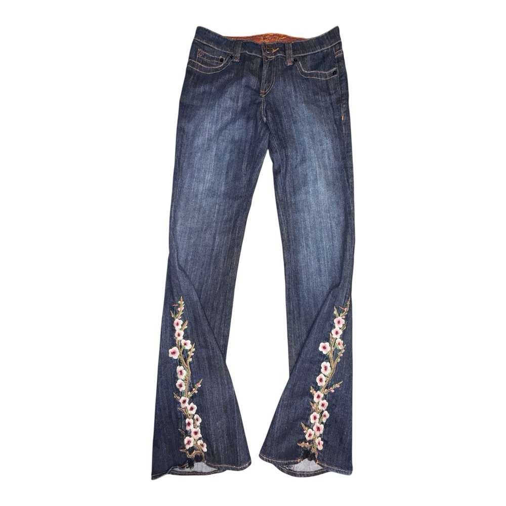Y2K Yank Floral Embroidered Low Rise Flare Dark Wash Jeans Botanical Vintage 26
